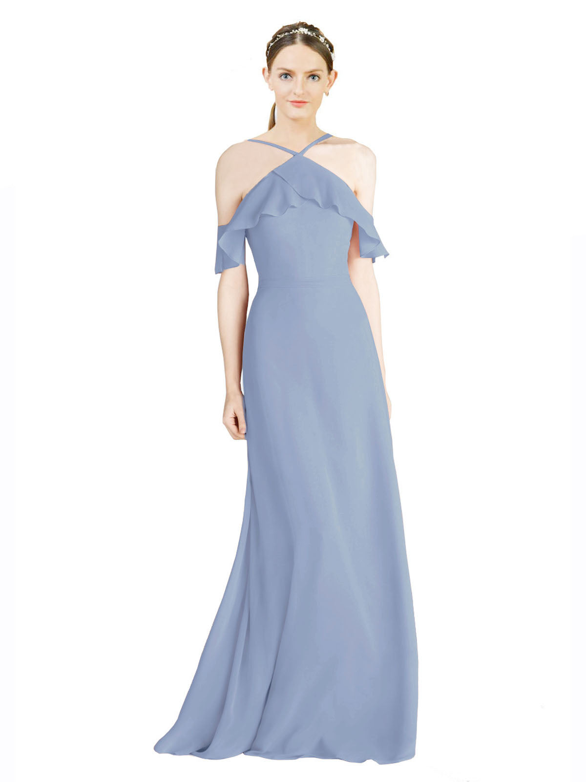 Dusty Blue A-Line Halter Sleeveless Long Chiffon Bridesmaid Dress Rylan