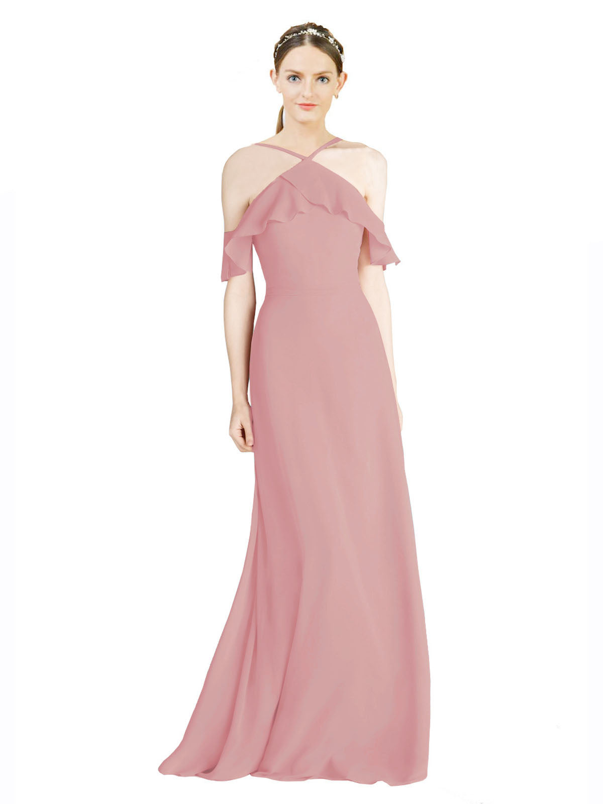 Dusty Pink A-Line Halter Sleeveless Long Chiffon Bridesmaid Dress Rylan