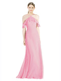 Hot Pink A-Line Halter Sleeveless Long Chiffon Bridesmaid Dress Rylan