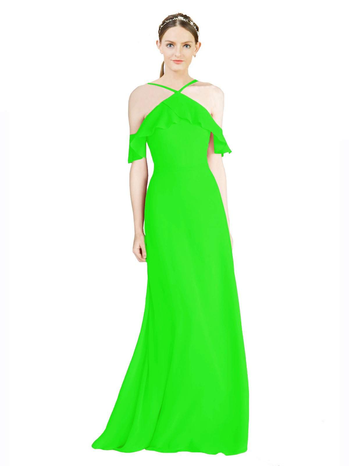 Lime Green A-Line Halter Sleeveless Long Chiffon Bridesmaid Dress Rylan