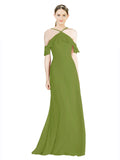 Olive Green A-Line Halter Sleeveless Long Chiffon Bridesmaid Dress Rylan