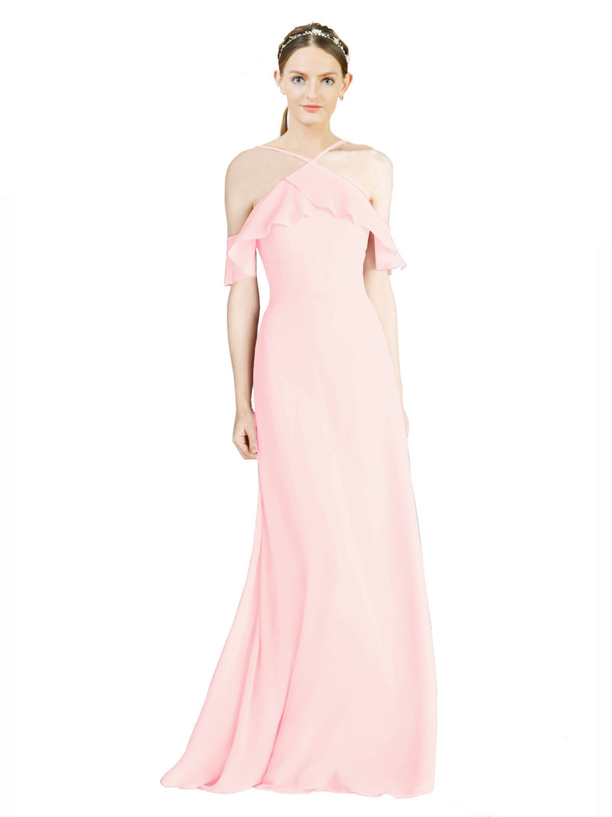 Pink A-Line Halter Sleeveless Long Chiffon Bridesmaid Dress Rylan