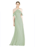 Smoke Green A-Line Halter Sleeveless Long Chiffon Bridesmaid Dress Rylan
