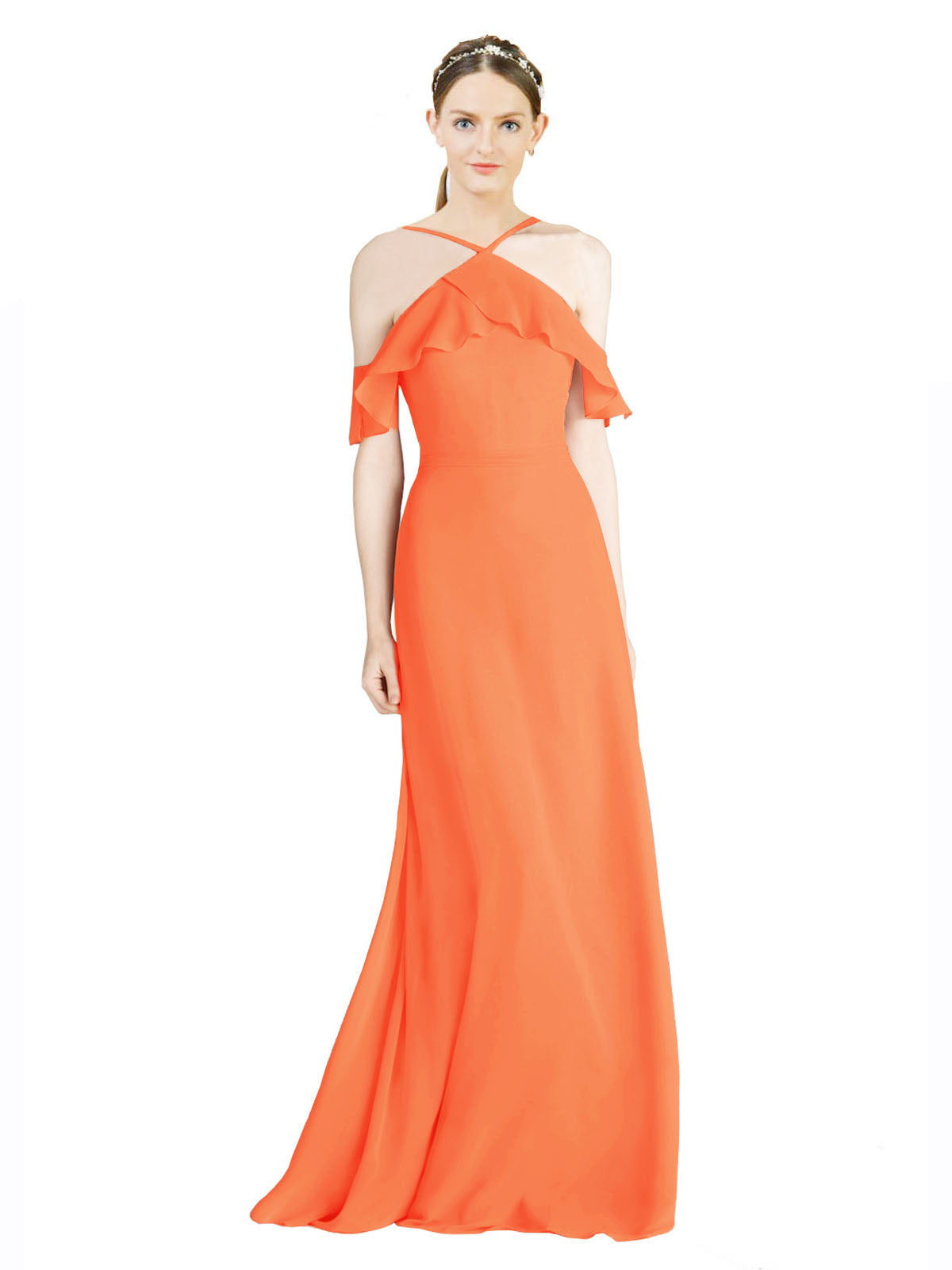 Tangerine Tango A-Line Halter Sleeveless Long Chiffon Bridesmaid Dress Rylan