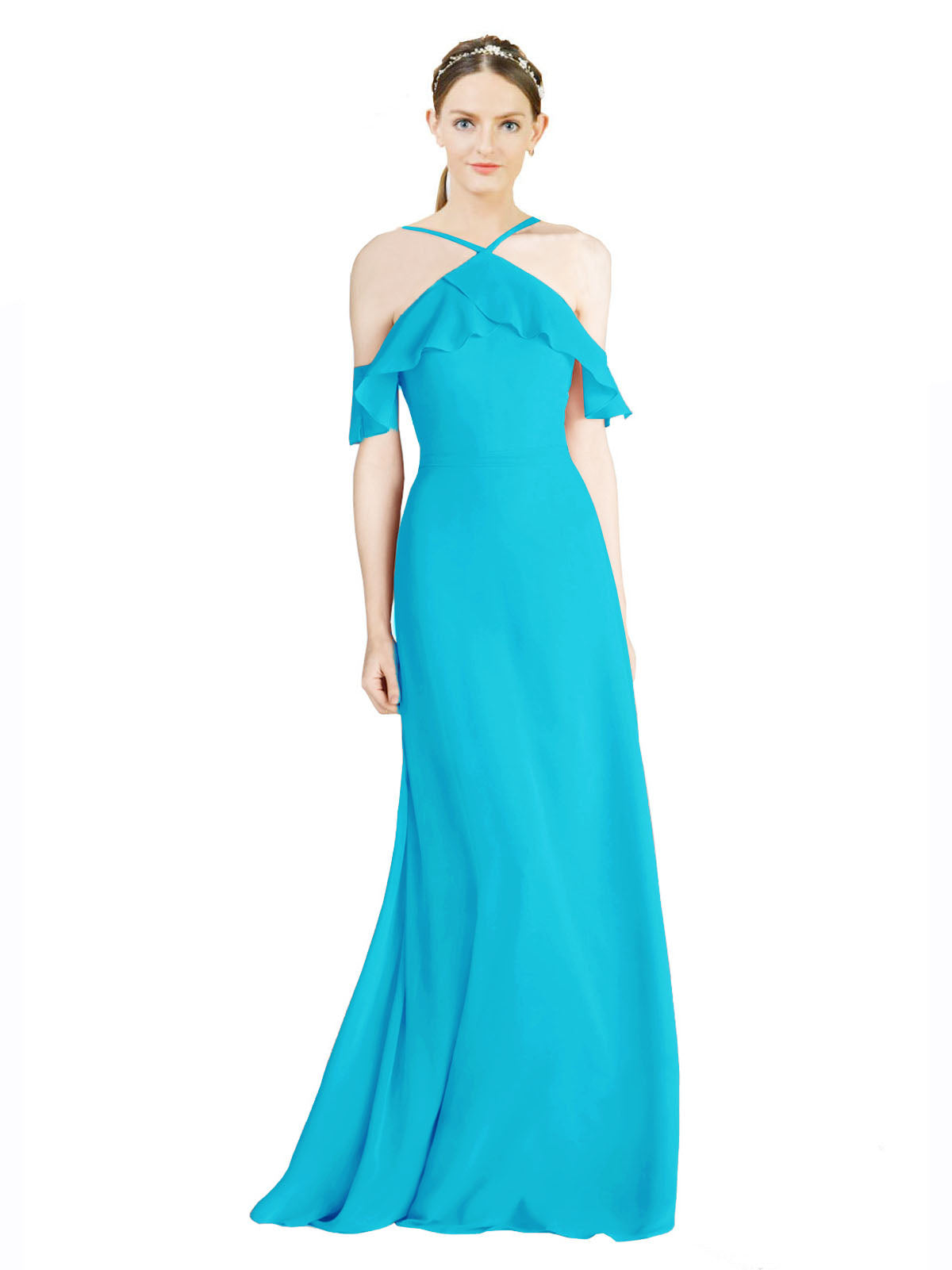 Turquoise A-Line Halter Sleeveless Long Chiffon Bridesmaid Dress Rylan