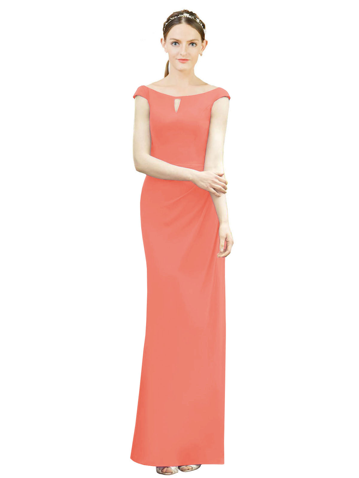 Coral Mermaid, Fit and Flare Bateau, High Neck Sleeveless Long Bridesmaid Dress Emilee 