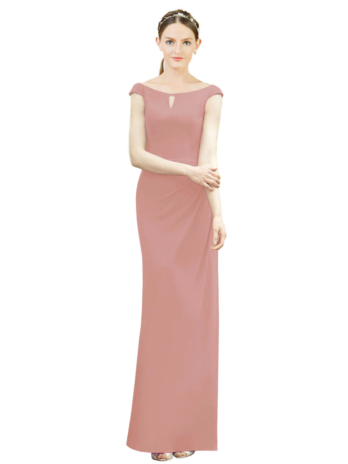 Dusty Pink Mermaid, Fit and Flare Bateau, High Neck Sleeveless Long Bridesmaid Dress Emilee 