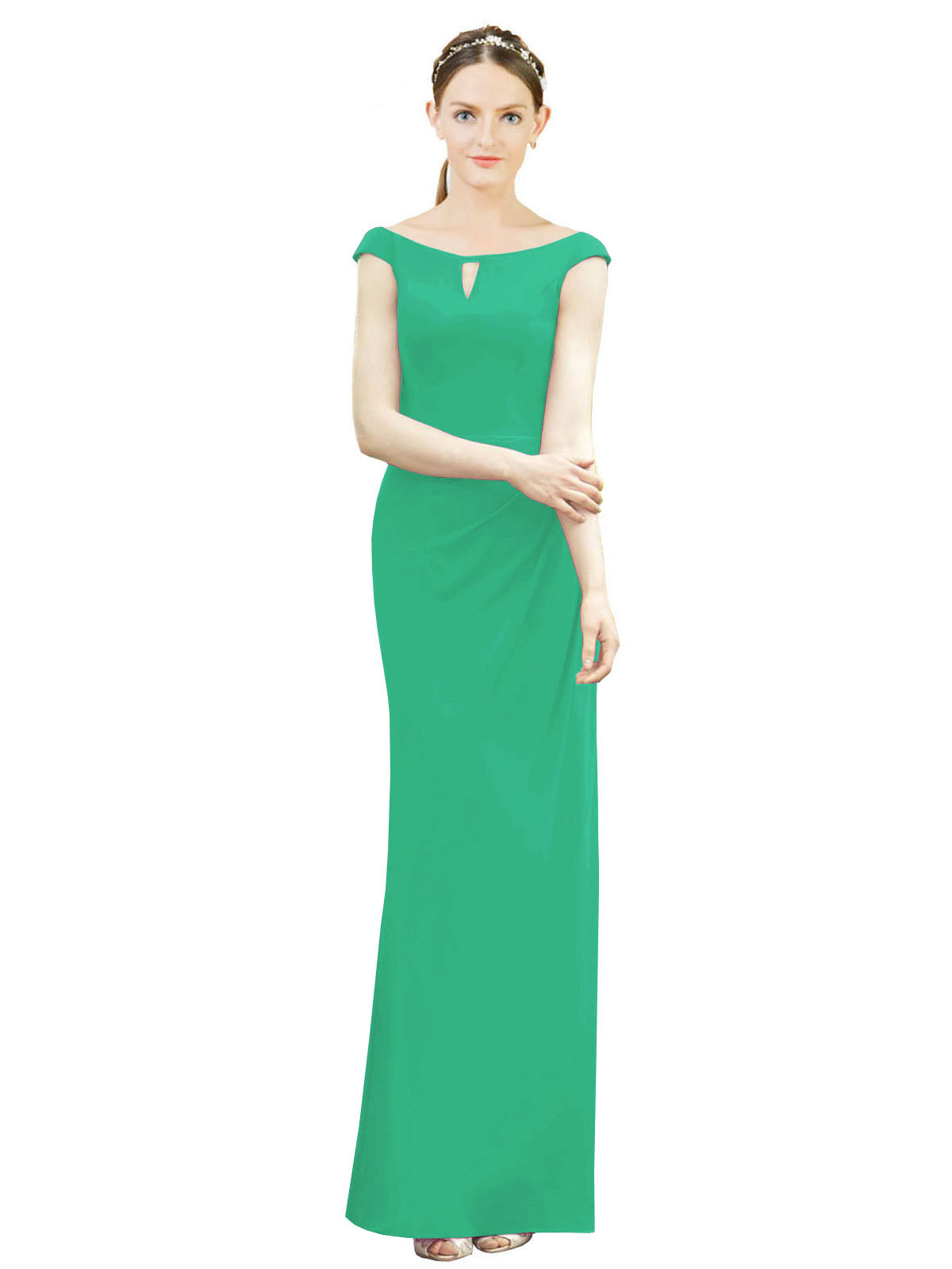 Emerald Green Mermaid, Fit and Flare Bateau, High Neck Sleeveless Long Bridesmaid Dress Emilee 