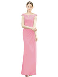 Hot Pink Mermaid, Fit and Flare Bateau, High Neck Sleeveless Long Bridesmaid Dress Emilee 