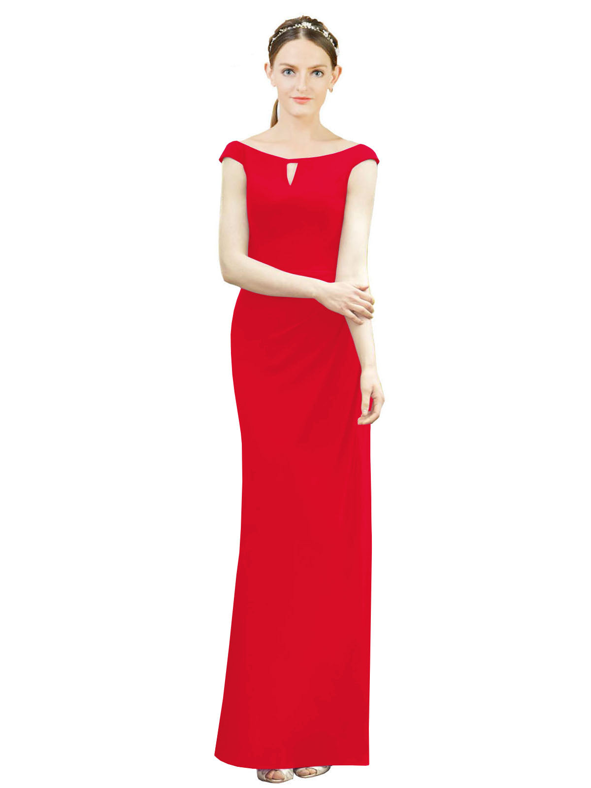Red Mermaid, Fit and Flare Bateau, High Neck Sleeveless Long Bridesmaid Dress Emilee 