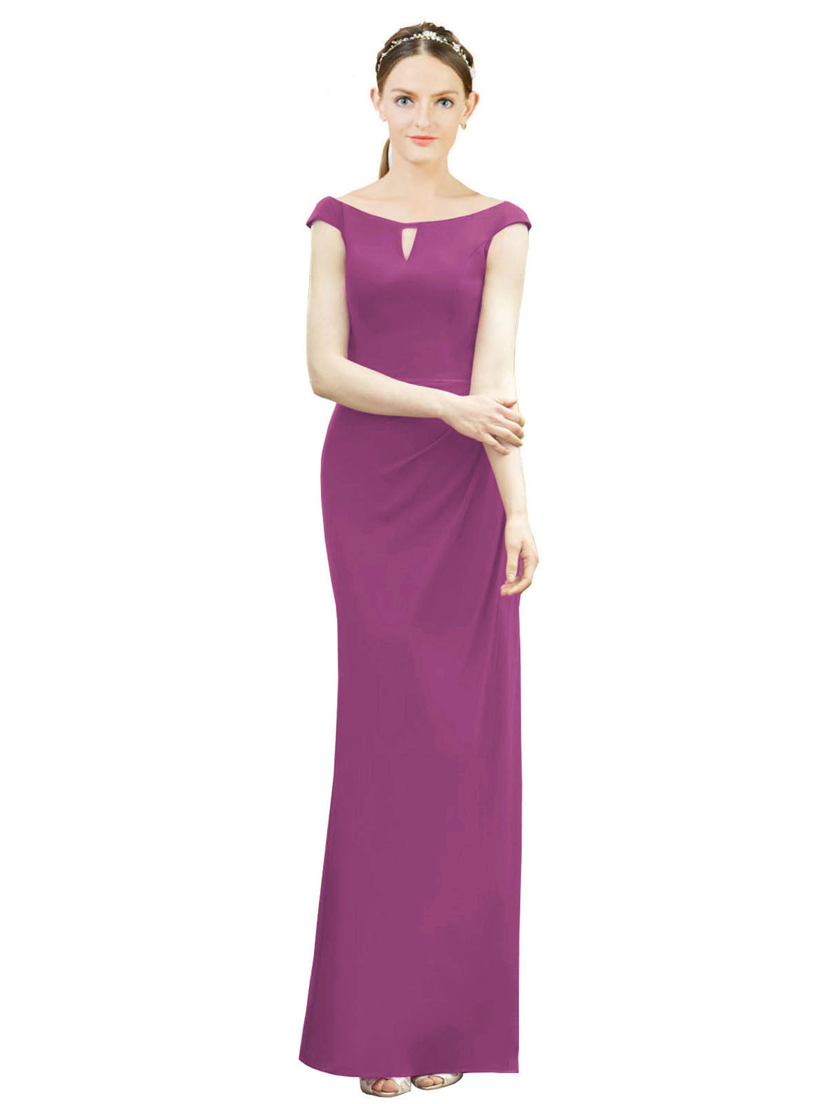 Wild Berry Mermaid, Fit and Flare Bateau, High Neck Sleeveless Long Bridesmaid Dress Emilee 