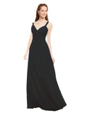 Black A-Line V-Neck Spaghetti Straps Sleeveless Long Bridesmaid Dress Livia
