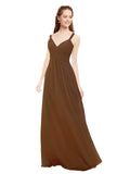 Brown A-Line V-Neck Spaghetti Straps Sleeveless Long Bridesmaid Dress Livia