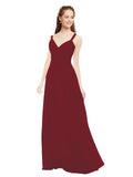 Burgundy A-Line V-Neck Spaghetti Straps Sleeveless Long Bridesmaid Dress Livia