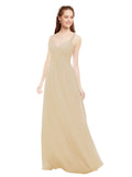 Champagne A-Line V-Neck Spaghetti Straps Sleeveless Long Bridesmaid Dress Livia