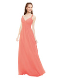 Coral A-Line V-Neck Spaghetti Straps Sleeveless Long Bridesmaid Dress Livia