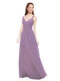 Dark Lavender A-Line V-Neck Spaghetti Straps Sleeveless Long Bridesmaid Dress Livia