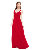Dark Red A-Line V-Neck Spaghetti Straps Sleeveless Long Bridesmaid Dress Livia
