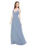 Dusty Blue A-Line V-Neck Spaghetti Straps Sleeveless Long Bridesmaid Dress Livia