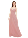 Dusty Pink A-Line V-Neck Spaghetti Straps Sleeveless Long Bridesmaid Dress Livia