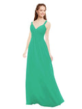 Emerald Green A-Line V-Neck Spaghetti Straps Sleeveless Long Bridesmaid Dress Livia