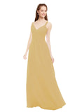 Gold A-Line V-Neck Spaghetti Straps Sleeveless Long Bridesmaid Dress Livia