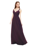 Grape A-Line V-Neck Spaghetti Straps Sleeveless Long Bridesmaid Dress Livia