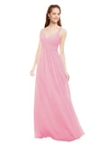 Hot Pink A-Line V-Neck Spaghetti Straps Sleeveless Long Bridesmaid Dress Livia