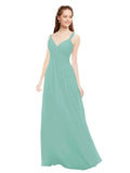 Jade A-Line V-Neck Spaghetti Straps Sleeveless Long Bridesmaid Dress Livia