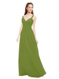 Olive Green A-Line V-Neck Spaghetti Straps Sleeveless Long Bridesmaid Dress Livia