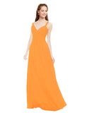 Orange A-Line V-Neck Spaghetti Straps Sleeveless Long Bridesmaid Dress Livia