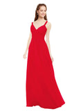 Red A-Line V-Neck Spaghetti Straps Sleeveless Long Bridesmaid Dress Livia