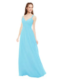 Sky Blue A-Line V-Neck Spaghetti Straps Sleeveless Long Bridesmaid Dress Livia