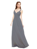 Slate Grey A-Line V-Neck Spaghetti Straps Sleeveless Long Bridesmaid Dress Livia