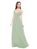 Smoke Green A-Line V-Neck Spaghetti Straps Sleeveless Long Bridesmaid Dress Livia