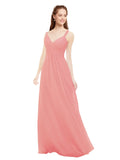 Watermelon A-Line V-Neck Spaghetti Straps Sleeveless Long Bridesmaid Dress Livia