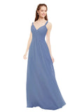 Windsor Blue A-Line V-Neck Spaghetti Straps Sleeveless Long Bridesmaid Dress Livia