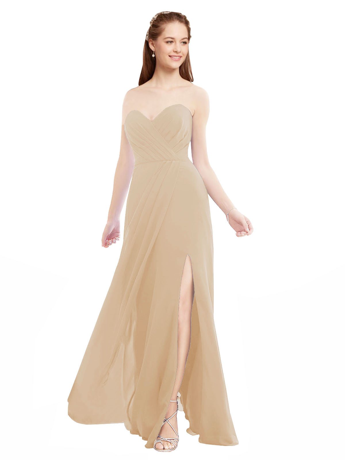 Champagne A-Line Sweetheart Strapless Sleeveless Long Bridesmaid Dress Meadow