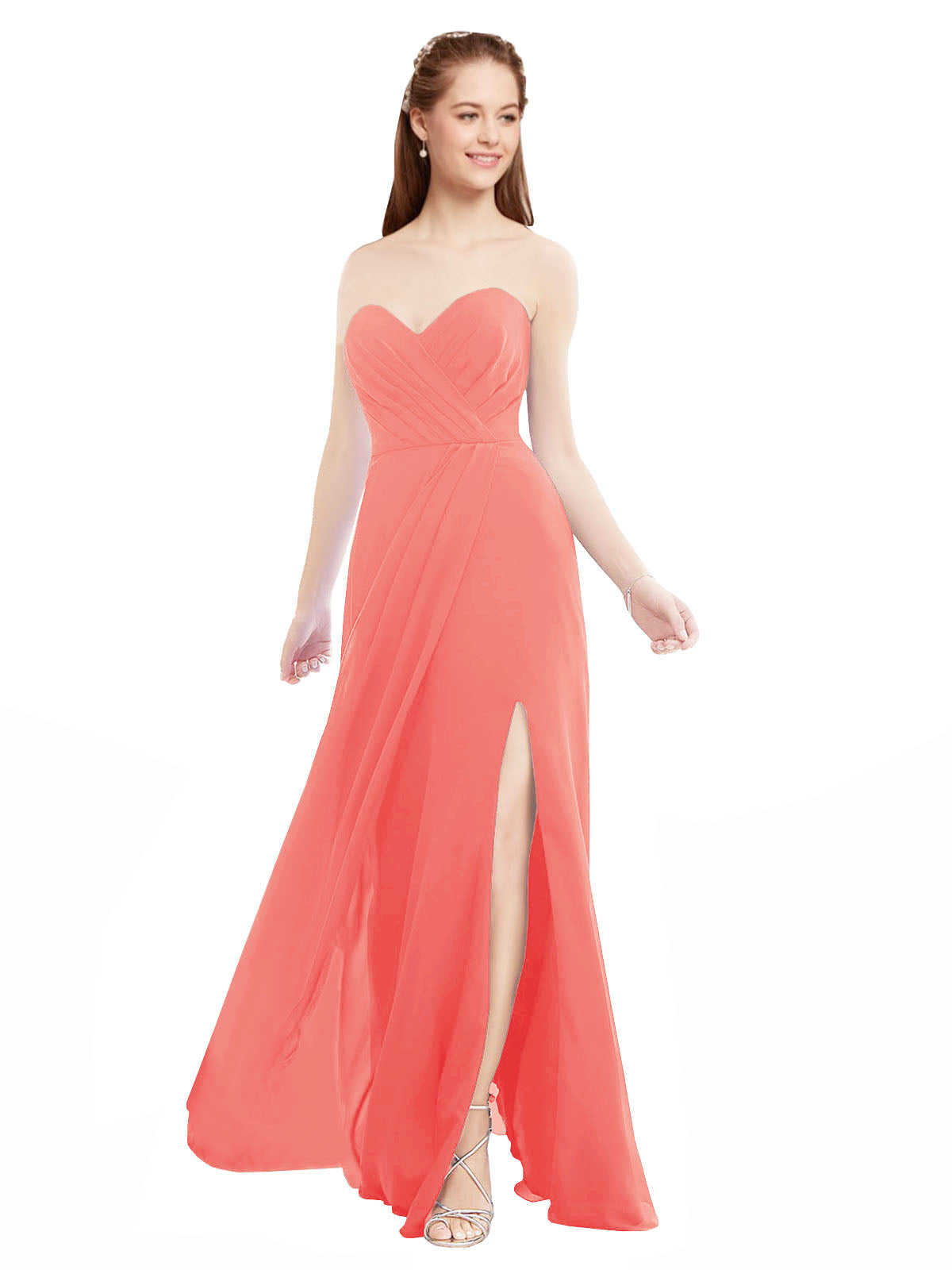Coral A-Line Sweetheart Strapless Sleeveless Long Bridesmaid Dress Meadow
