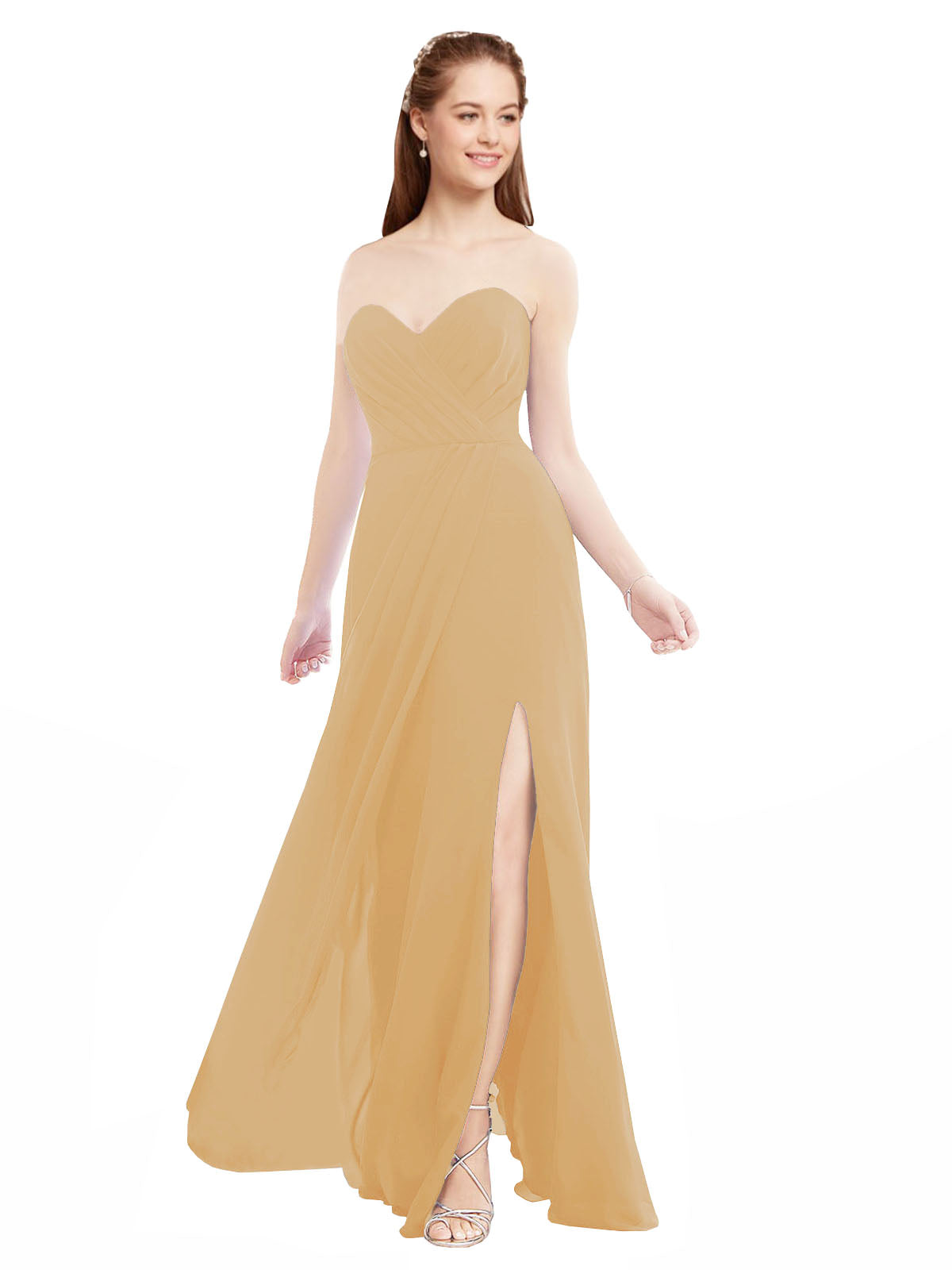 Gold A-Line Sweetheart Strapless Sleeveless Long Bridesmaid Dress Meadow