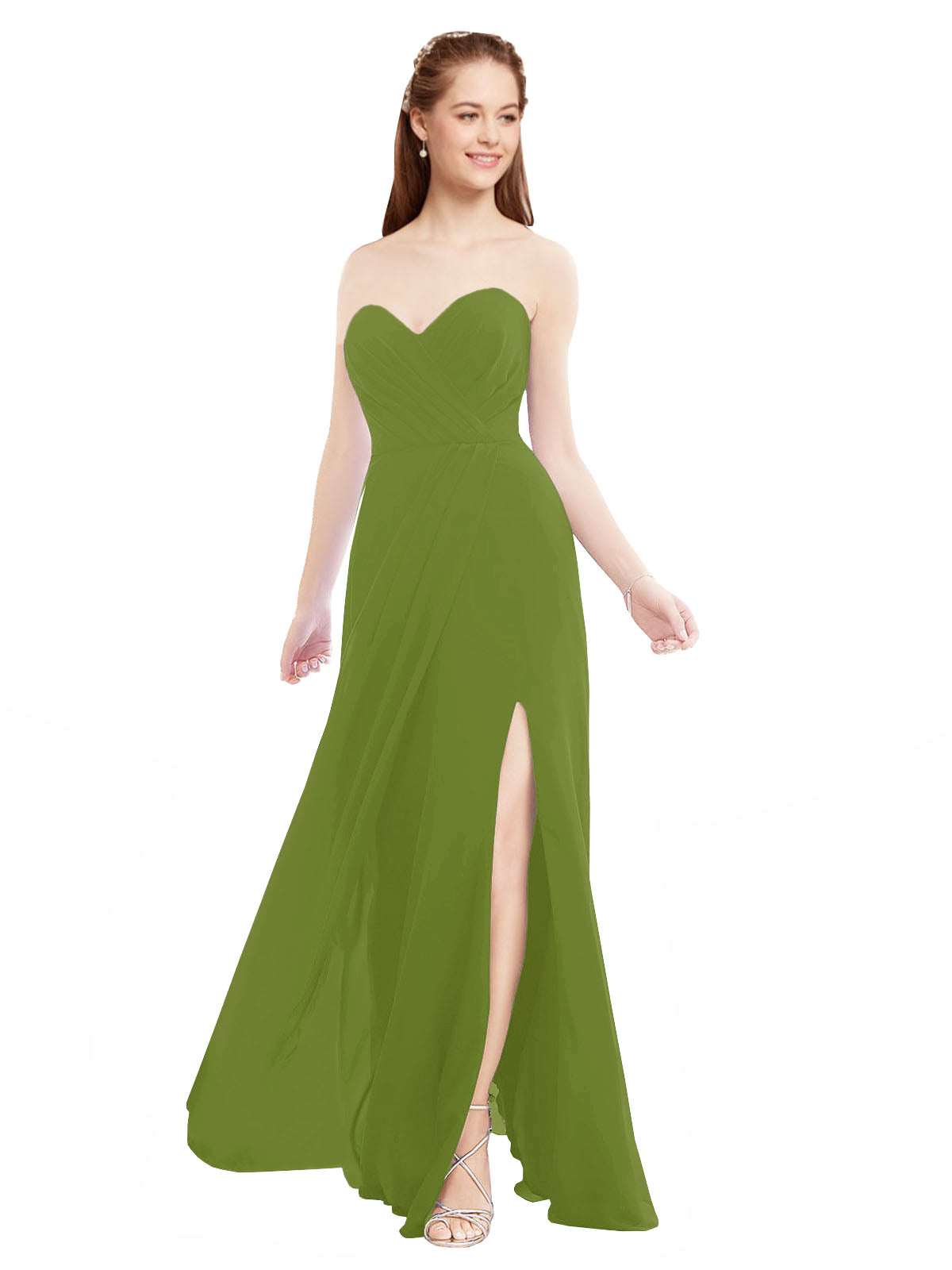 Olive Green A-Line Sweetheart Strapless Sleeveless Long Bridesmaid Dress Meadow