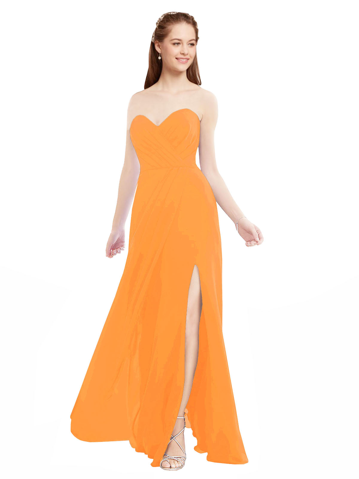 Orange A-Line Sweetheart Strapless Sleeveless Long Bridesmaid Dress Meadow