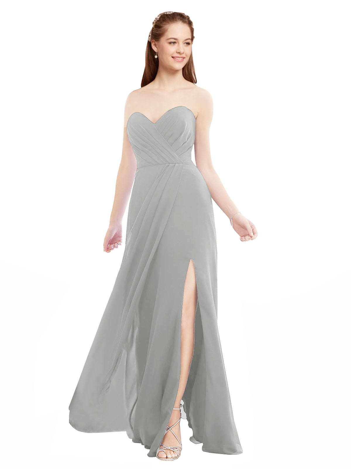 Silver A-Line Sweetheart Strapless Sleeveless Long Bridesmaid Dress Meadow