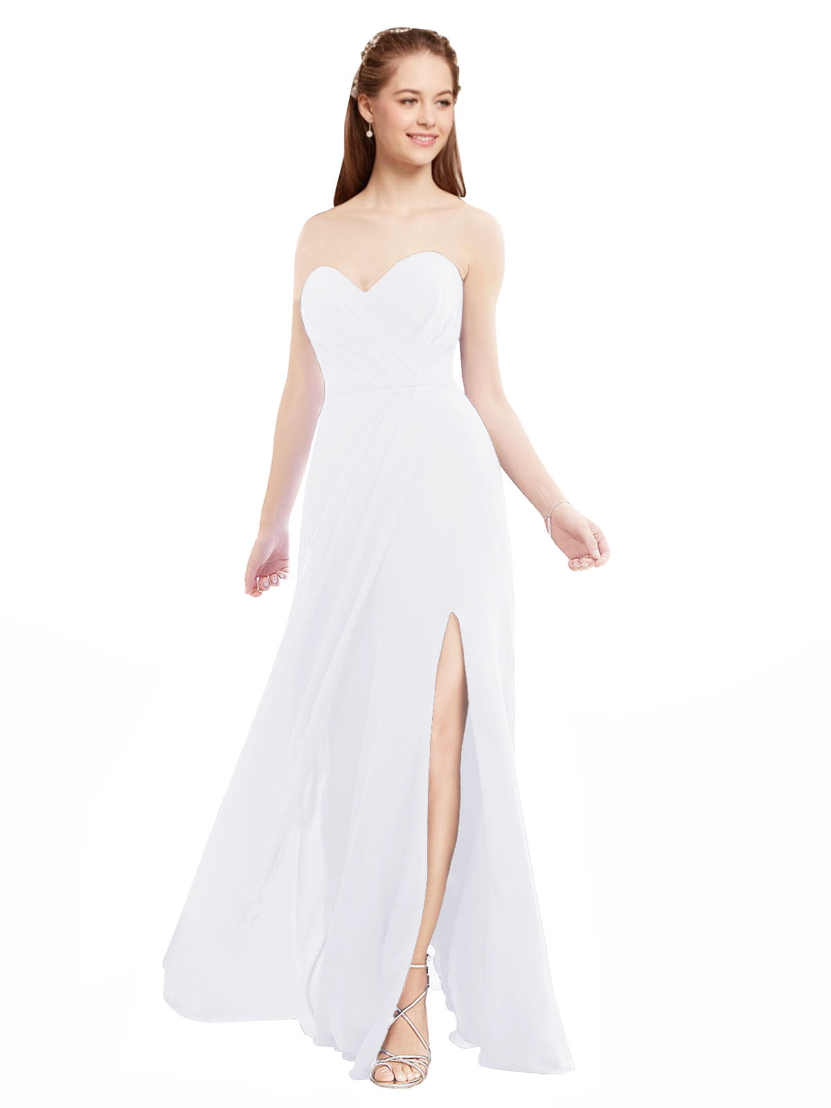 White A-Line Sweetheart Strapless Sleeveless Long Bridesmaid Dress Meadow