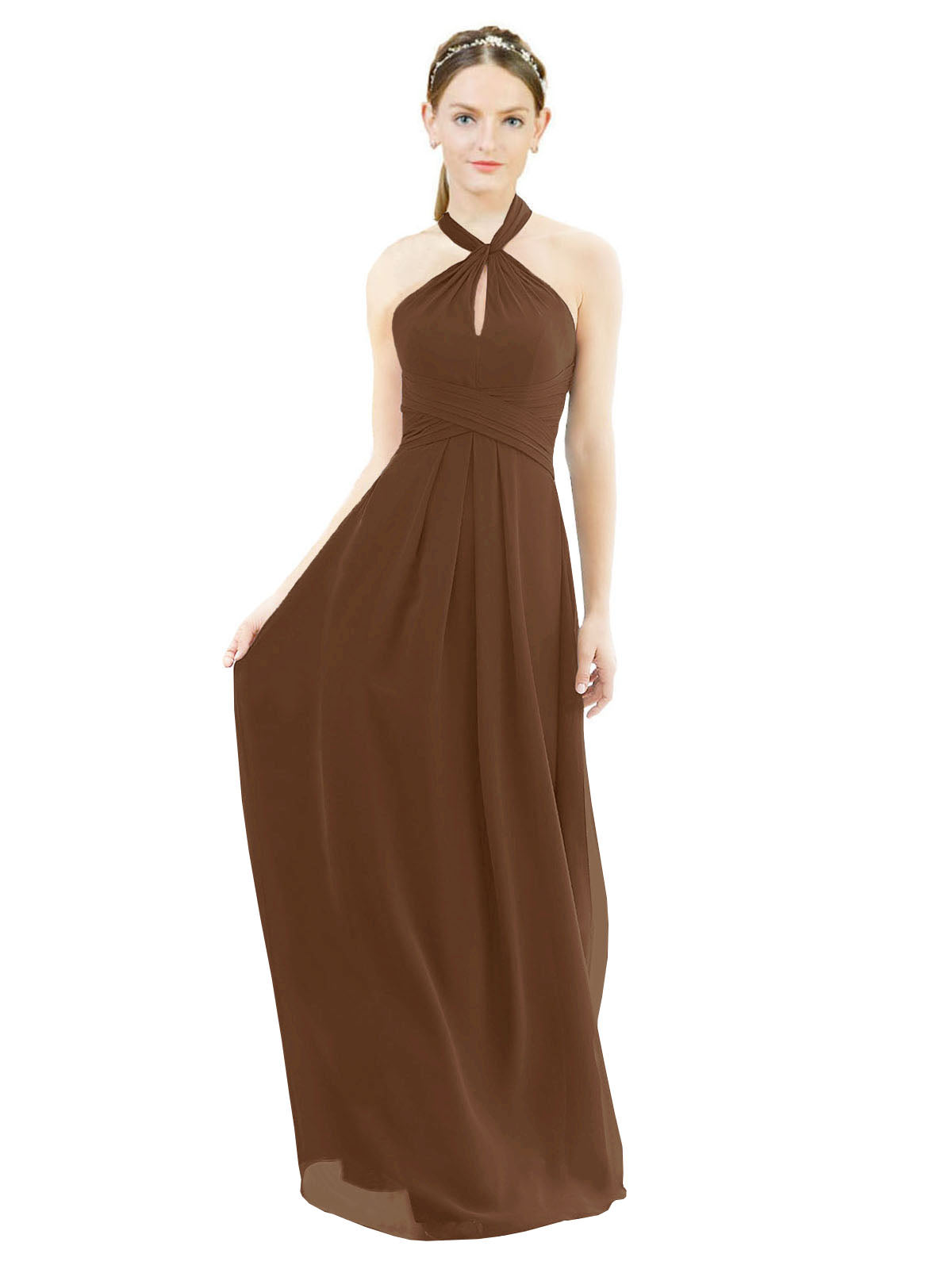 Brown A-Line Halter Sleeveless Long Bridesmaid Dress Milan