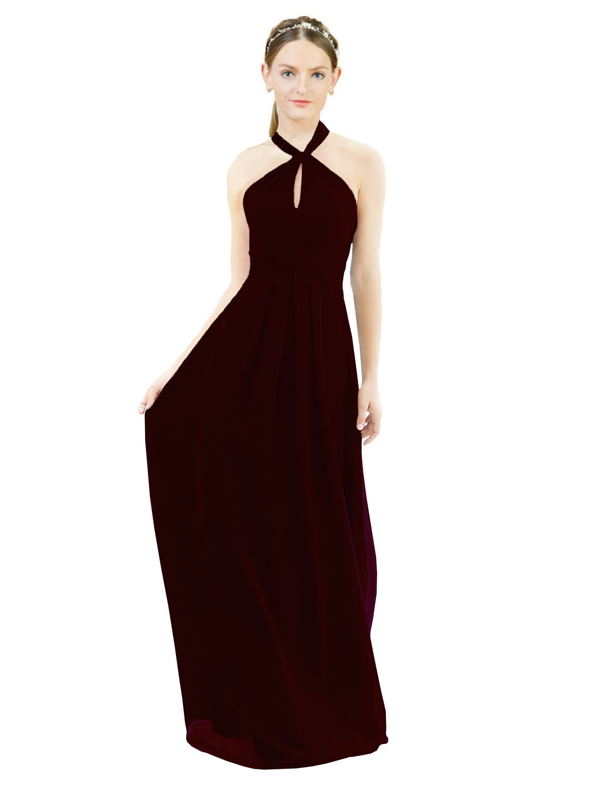 Burgundy Gold A-Line Halter Sleeveless Long Bridesmaid Dress Milan
