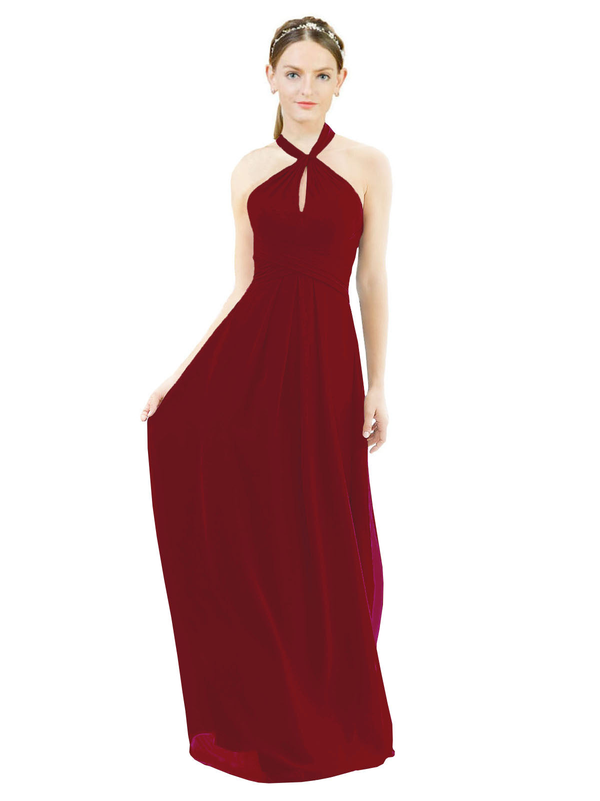 Burgundy A-Line Halter Sleeveless Long Bridesmaid Dress Milan