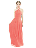 Coral A-Line Halter Sleeveless Long Bridesmaid Dress Milan