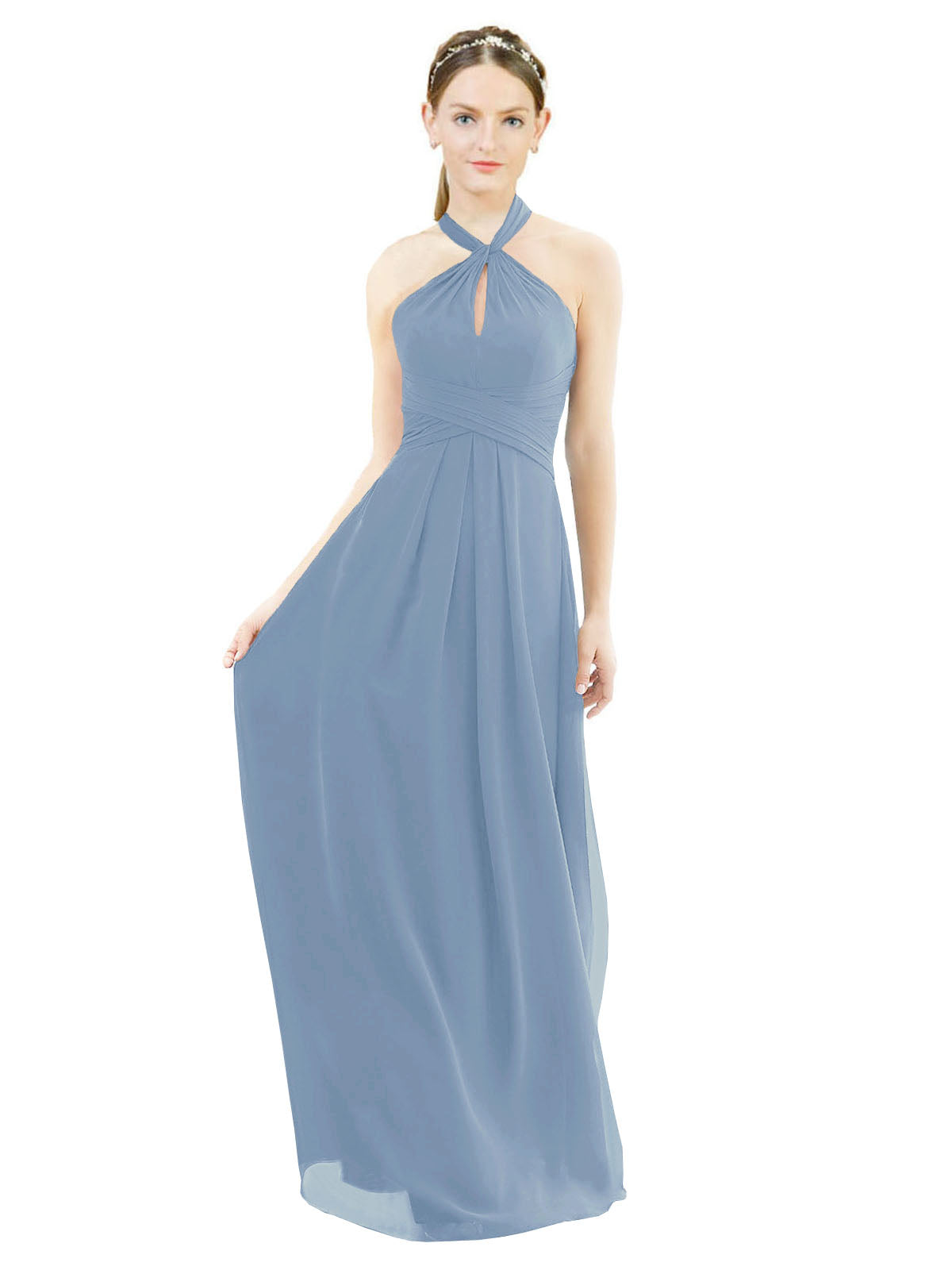 Dusty Blue A-Line Halter Sleeveless Long Bridesmaid Dress Milan