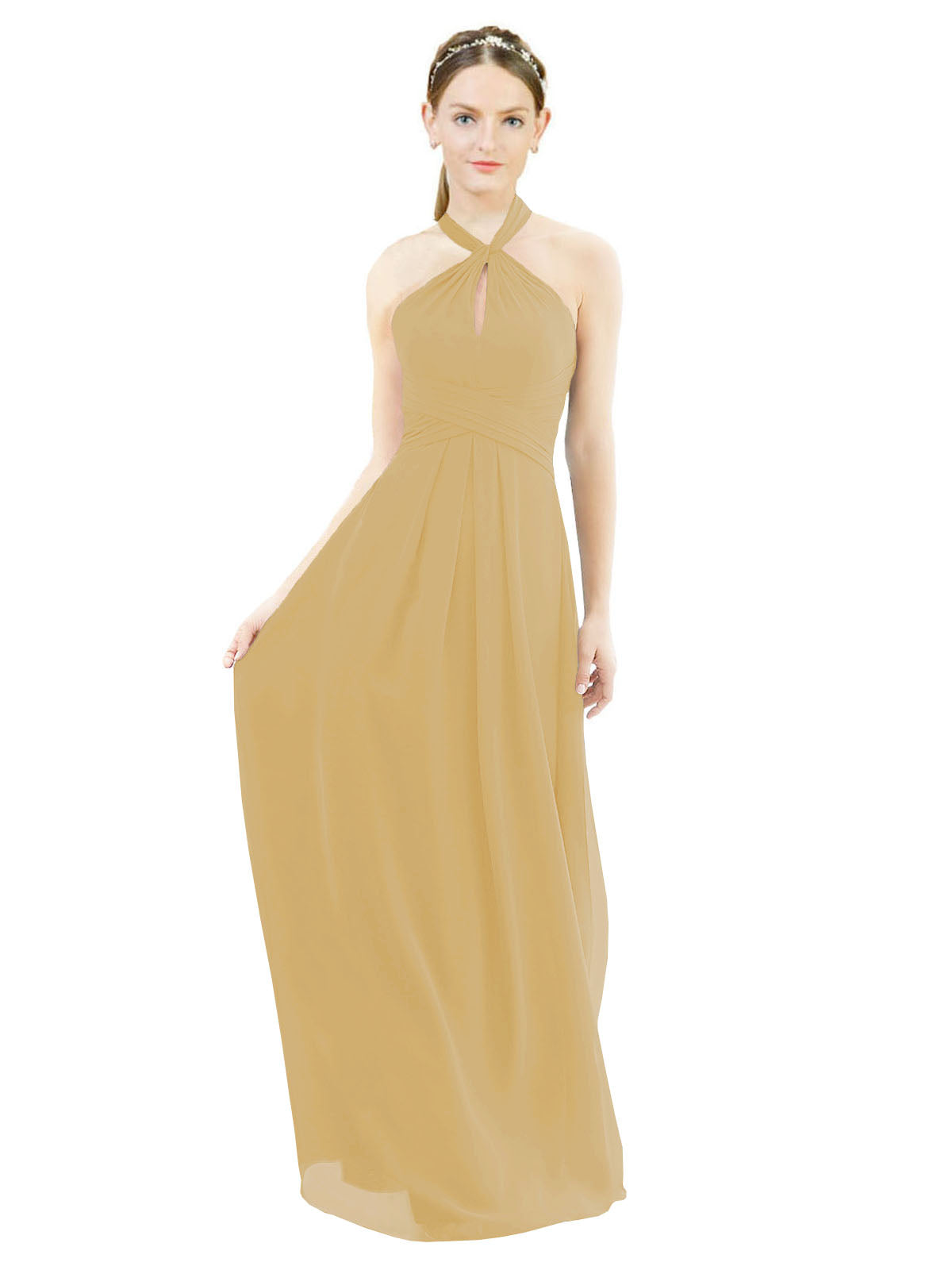 Gold A-Line Halter Sleeveless Long Bridesmaid Dress Milan